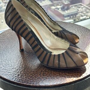 Dolce & Gabbana Black Striped Mesh Pointed Pump with Wood-Tone Heel